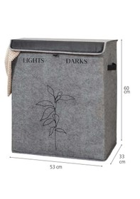 Resim Deri Detaylı 2 Gözlü Çamaşır Sepeti, 53 X 33 X 60 Cm, 105 Litre Gri 