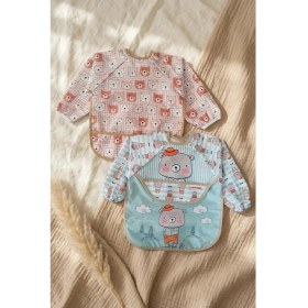 Resim Babydonat Teddy Guard Sıvı Geçirmez Uzun Kollu Bebek Mama Önlüğü 2'li Set - 6-24 Ay Leke Tutmaz Blw Uyumlu Ayıcık Desenli Mama Önlüğü 