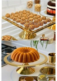 Resim Yuvarlak ve Dikdörtgen Kek Pasta Standı 2'li Gold 