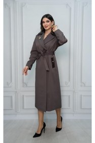 Resim Eccim Fashion Deri Detaylı Broşlu Sade Uzun Kadın Ceket Trençkot 