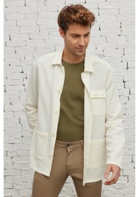 Resim AC&Co / Altınyıldız Classics Erkek Bej Comfort Fit Rahat Kesim Gizli Düğmeli Yaka %100 Pamuk Kışlık Gömlek Ceket Bej 