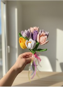 Resim Innovate Store Amigurumi Örgü Çiçek Buketi 7'li El Emeği Lale Buketi Hediyelik Dekoratif Örgü Çiçekler 