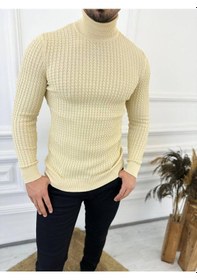 Resim Elku Moda Kazak Slim Fit Tüylenmez Naturel Pamuk Triko Boğazlı Balıkçı Yaka Kazak Krem 