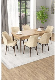 Resim Arel Meşe 80x132 Açılabilir Mdf Masa Yemek Odası Takımı, Mutfak Takımı 6 Adet Sandalye Meşe Masa - 6 Krem - Meşe Ayak 