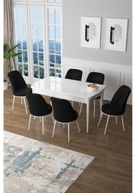 Resim Canisa Concept Zen Serisi 80x132 Mdf Açılabilir Beyaz Mutfak Masası Takımı Ve 6 Siyah Sandalye Masa Beyaz/sandalyeler Siyah 