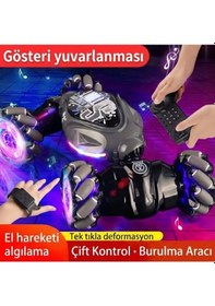 Resim El Hareket Sensörlü Uzaktan Kumandalı Akrobat Araba 4x4 Işıklı Müzikli Çift Yönlü Drift Stunt Car Gri 