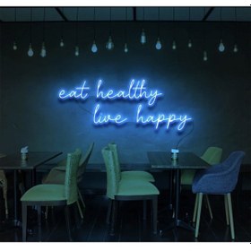 Resim Eat Healthy Live Happy Yazılı Neon Tabela Turkuaz 