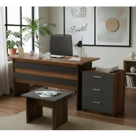 Resim Robin Home Ofis Çalışma Masası Takımı Büro Masa Takımı Ofis Masası + Keson + Ofis Sehpası Kahverengi 