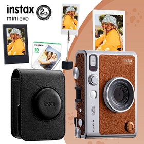 Resim Fujifilm Instax Mini Evo Kahverengi Fotoğraf Makinesi - 10'lu Film - Siyah Deri Kılıf - Çerçeve ve Kıskaçlı Stand 