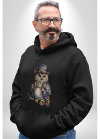 Resim Şapkalı Amerikalı Baykuş Burjuva Baykuş Kadın Erkek Siyah Kapüşonlu Sweatshirt Hoodie Siyah 
