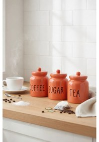 Resim Dekorasyaa 3'lü Seramik Çay - Kahve - Şeker Kapaklı Kavanoz Seti - Turuncu Turuncu 
