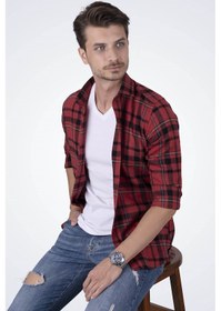 Resim Kırmızı Mavi Çizgili Oduncu Erkek Gömlek + Kutulu Mavi 