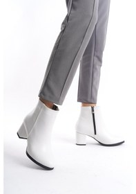 Resim Kadın Liva Düz Topuklu Kısa Bot Beyaz Deri 