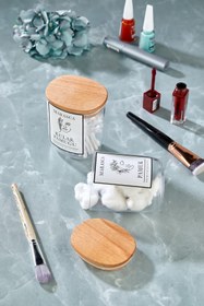 Resim FBZhome 2li Marasca Kulak Pamuğu Ve Pamuk Kavanozu Pamukluk Ahşap Kapaklı Mika Kavanoz 