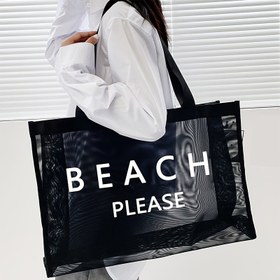 Resim Geniş Kapasiteli Harf Baskılı Plaj File Çantası, Nefes Alabilen Polyester Kumaş, İş, Seyahat ve Alışveriş İçin İdeal - Gençler ve Kadınlar için Mükemmel | Trendy Plaj Çantası | Dayanıklı Omuz Askısı 
