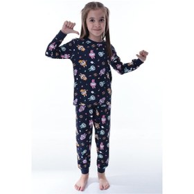 Resim Unisex Çocuk Baskılı Pamuklu Pijama Takımı Rahat, Nefes Alan, Yumuşak Kumaşlı Uyku Takımı Lacivert 
