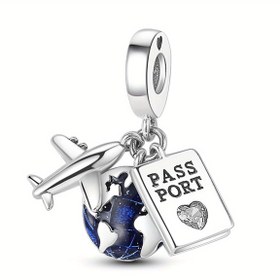 Resim 1 adet Gümüş Kaplama Vintage Mavi Emaye Sentetik Zirkonya Yaratıcı Dünya Uçak Pasaport Süsleri, Yılan Bilezik ve Kolye için DIY Takı Yapımı Boncukları - Kadınlar ve Kızlar için Tatil Seyahat Hediyesi 