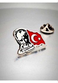 Resim Yörük Tasarım Atatürk&bayrak Yaka Rozeti Krom Kaplama Gümüş 