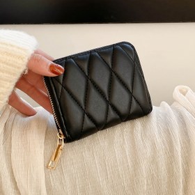 Resim Kadınlar için Kapitone Chevron Desenli Kompakt Cüzdan - Altın Tonlu Fermuarlı, Çoklu Kart Yuvalı & PVC Astarlı - Siyah ve Altın Detaylarla Günlük Eşyalar İçin, Küçük Miktarda Depolama, Dayanıklı Dikiş 