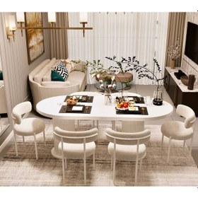 Resim Avvio Veyron Beyaz Teddy Sandalye 80x160 Yemek Masası Mutfak Masası 6 Sandalyeli Masa Sandalye Takım Beyaz 