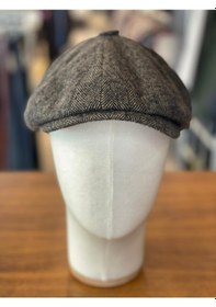 Resim Hamze Peaky Blinders Tarz İngiliz Model Balıksırtı Desen Kaşe Kumaş Kasket Şapka Kahverengi Açık 