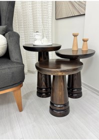 Resim AYLESA Doğal Ahşap 3’lü Set Mantar Yan Sehpa Modern Koyu Ceviz Renk Fiskos Zigon Çiçeklik 