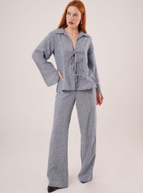 Resim Genel Markalar AhEs Shopping Ön Bağlama Detaylı Pantolon Ve Gömlek İndigo İkili Takım 