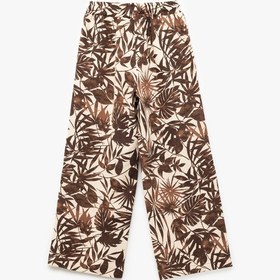 Resim Koton Viskon Ve Keten Karışımlı Yaprak Desenli Geniş Paça Pantolon Kahverengi Desenli 5skg40009ew Kahverengi Desenli Kahverengi 