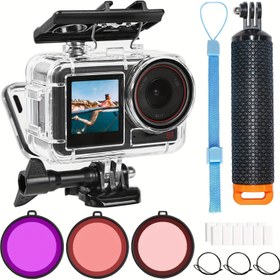 Resim 196ft/60m DJI OSMO Action 5 Pro, Action 4 ve Action 3 için Yüksek Kaliteli Su Altı Kılıfı - 3 Adet Filtreli Koruyucu Dalış Kabuğu Monopod Yüzen El Tutma Çubuğu Aksesuar 