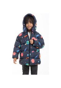Resim Erkek Çocuk Polarlı Kapüşonlu Gezegen Yıldız Desenli Kışlık Şişme Mont & Kaban & Parka-29 Lacivert 