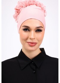 Resim Loggia Fırfırlı Dikişsiz Penye Bone Pembe - Kadın Tesettür Bağlamalı Topuz İç Bone Pudra Pembe 