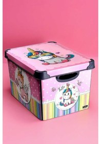 Resim Style Box Retro Unicorn Desenli 20 L Dekoratif Oyuncak Ve Saklama Kutusu Pembe 