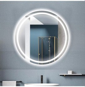 Resim Nuun Dekor 70cm Beyaz Ledli Kumlamalı Yuvarlak Banyo Lavabo Ofis Makyaj Kuaför Aynası - Trafolu Beyaz 