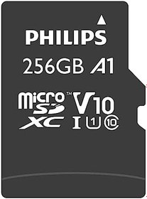 Resim Philips Ultra Speed microSDXC Card 256 GB + SD adaptörü UHS-I U1, 80 MB/s'ye kadar okuma hızı, A1 hızlı uygulama performansı, V10, akıllı telefonlar, tablet, bilgisayar, kart okuyucu, Full HD video 