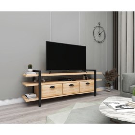 Resim WOODFACE Lucca Doğal Ahşap Televizyon Sehpası Ve Ünitesi 148x30 Masif Dekoratif Metal Ayaklı 