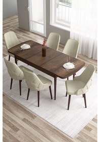 Resim Canisa Tia Serisi 80x132 Açılabilir Mdf Mutfak Masası Takımı Barok Desen Masa 6 Krem Sandalye Masa Barok Ahşap Desen Sandalye Krem 