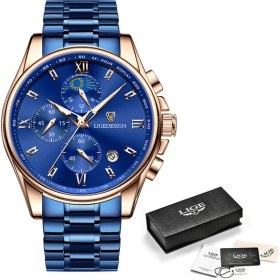 Resim Hanyang Mavi Lıge Moda Lüks Erkek Izle Paslanmaz Çelik Su Geçirmez Iş Kuvars Kol Saati Rahat Spor Tarih Chronograph Izle Erkekler Için (Yurt Dışından) 