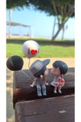 Resim Bir Kırtasiye Sevgili Temalı I Love You Balonlu Gri Şapkalı Mini Süs Biblo Torpido Aksesuarı, Masa Süsü Hediyelik 