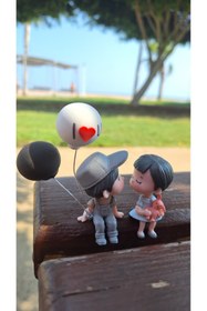 Resim Bir Kırtasiye Sevgili Temalı I Love You Balonlu Gri Şapkalı Mini Süs Biblo Torpido Aksesuarı, Masa Süsü Hediyelik 