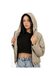 Resim Kadın Taş Kapüşonlu Su Ve Rüzgar Geçirmez Cepli İçi Astarlı Oversize Yağmurluk Taş 