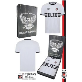 Resim Beşiktaş Orijinal Lisanslı Nostalji Beyaz Bjk Çocuk Forma Kişiye Özel Hediyelik Ahşap Kutululu Beyaz - Gri 