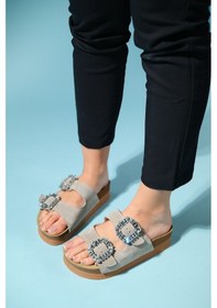 Resim Luvishoes Polacca Bej Süet Taşlı Çift Bantlı Hakiki Deri Kadın Kalın Tabanlı Terlik Bej 