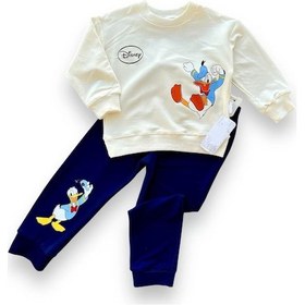 Resim 6-9-12-18 Ay Ördek Baskılı Pamuk Penye Kumaş Erkek Bebek Takımı Lacivert Lacivert 