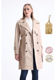 Resim Pastelastore Esnek Pamuk Gabardin Midi 95cm Astarsız Kadın Trençkot 1118 Bej 