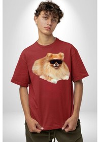 Resim Pomernian Köpek Pamuklu Bisiklet Yaka Unisex Oversize Boyfriend Dijital Baskılı Kırmızı T-shirt Kırmızı 