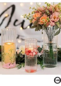 Resim Optik Cizgili Borosilikat Silindir Cam Vazo 10 Cm Genişlik 25 Cm Yükseklik 1 Adet Beyaz 