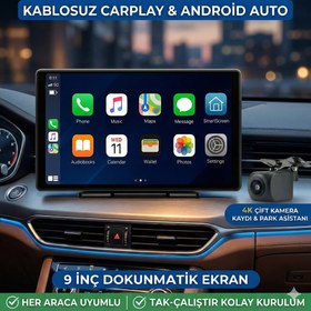 Resim 9”inç CarPlay & Android Auto Multimedya + Ön Kamera | Dokunmatik Ekran, Bluetooth & Navigasyon 