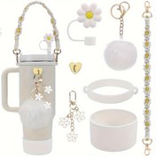 Resim 40oz ve 30oz Tumblerlar için El Kayışı, Silikon Koruyucu Bot, Çiçek Anahtarlık Süsü, Kupa Dekorasyonu için 10mm Çiçekli Pipet Kapak dahil 7 Parça Bardak Aksesuar Seti 