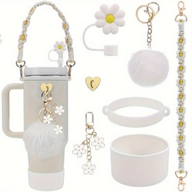 Resim 40oz ve 30oz Tumblerlar için El Kayışı, Silikon Koruyucu Bot, Çiçek Anahtarlık Süsü, Kupa Dekorasyonu için 10mm Çiçekli Pipet Kapak dahil 7 Parça Bardak Aksesuar Seti 