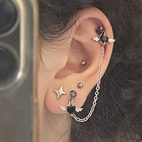 Resim 1PC Aşk Kalp Melek Kanatları Küpe Çift Kulak Delme Kıkırdak Tragus Helix Paslanmaz Çelik Bar Zincir Takı 